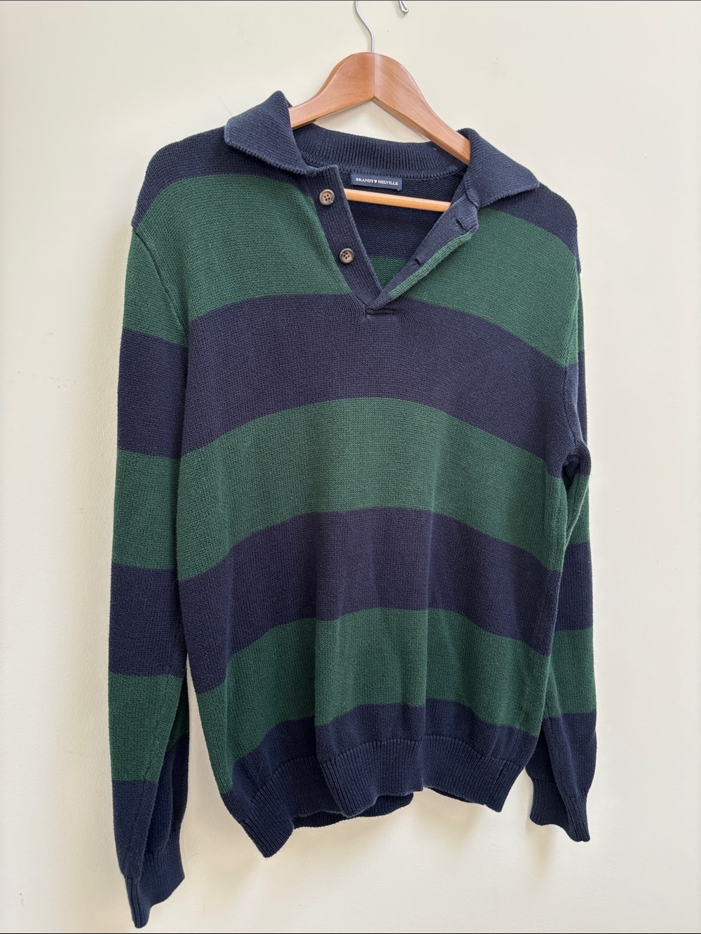 Brandy Melville Navy & Forest Green Striped V-Neck Sweater - Picture 3 of 7